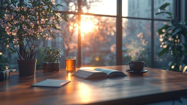 A minimalist Zen-inspired workspace, featuring an open book, a steaming cup of tea, and a peaceful window view of cherry blossoms. 