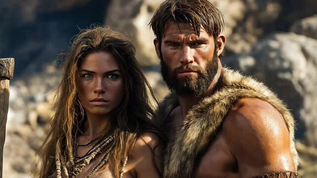 Prehistoric couple representing early human ancestors from an extinct species. Evolutionary journey of early humanity