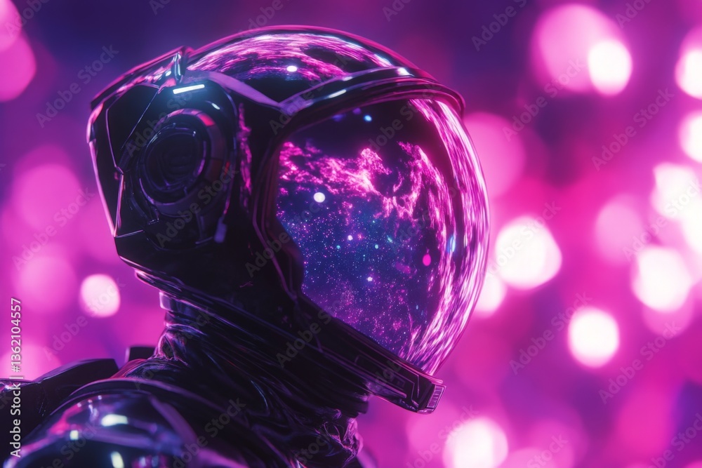 Poster vivid astronaut helmet reflecting a cosmic scene with colorful nebulae and bright stars in deep spac