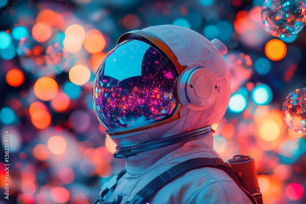 Aufkleber astronaut gazing into a colorful cosmic realm with vibrant bubbles floating in a surreal setting