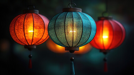 Obraz premium Colorful lanterns illuminate the evening in a vibrant outdoor setting