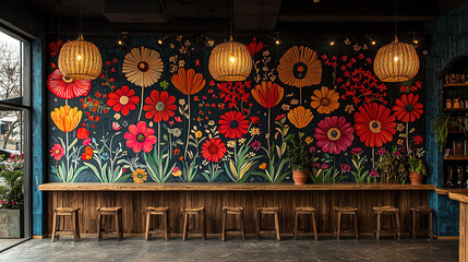 Colorful floral mural enhances vibrant cafe atmosphere with rustic seating and warm lighting