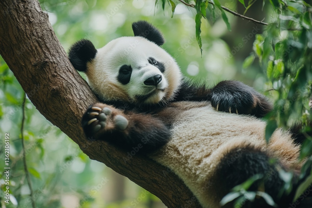 Poster panda relaxing on a tree branch in a lush green habitat during the day