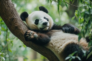Obraz premium Panda relaxing on a tree branch in a lush green habitat during the day