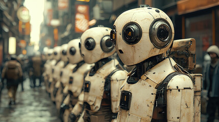 Robots standing in a futuristic urban setting showcasing advanced technology and human-like features under cloudy skies