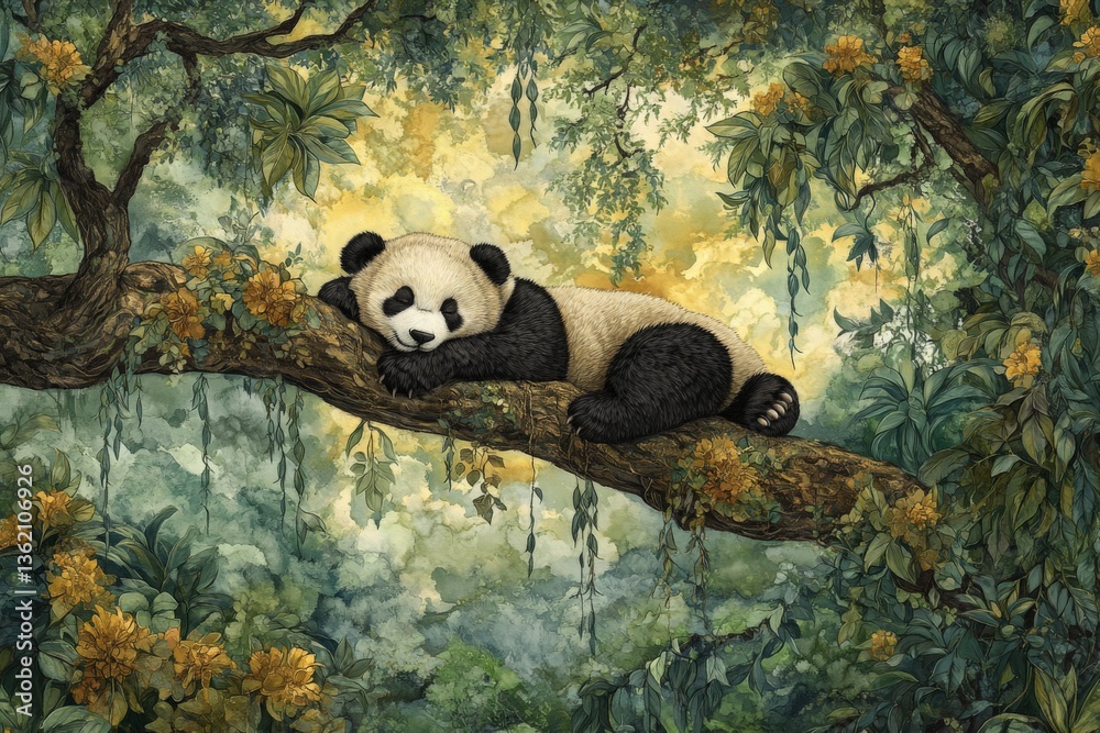Poster panda resting on a tree branch amidst lush jungle foliage at dawn in a serene atmosphere