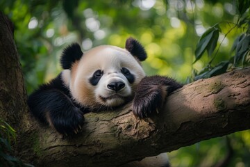Panda resting on a tree branch in a lush green environment during daylight