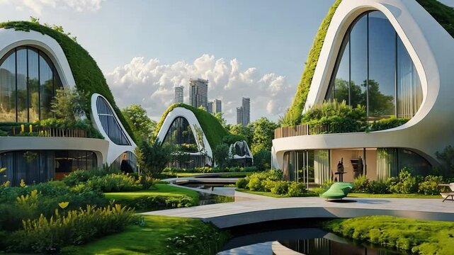 A clean and futuristic residential area with eco-friendly homes surrounded by green space.