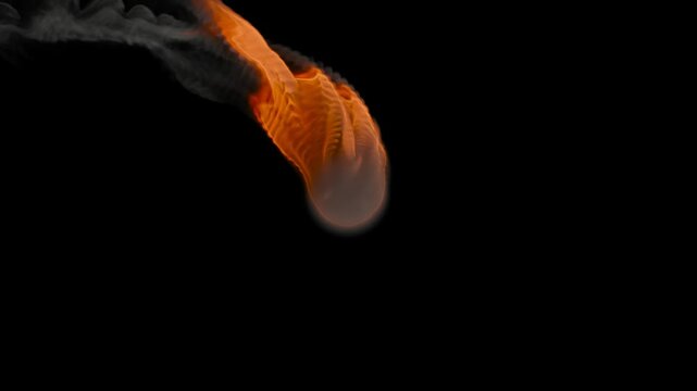 The dynamics of flame on black. Burning sphere and smoke.
