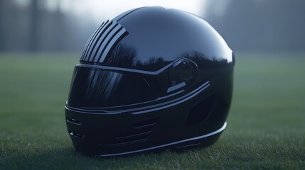 Obraz premium Sleek Black Motorcycle Helmet on Grass