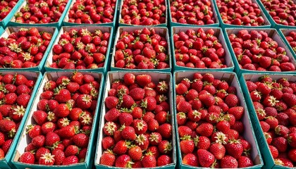 Fresh ripe strawberries in vibrant green baskets at a market  
