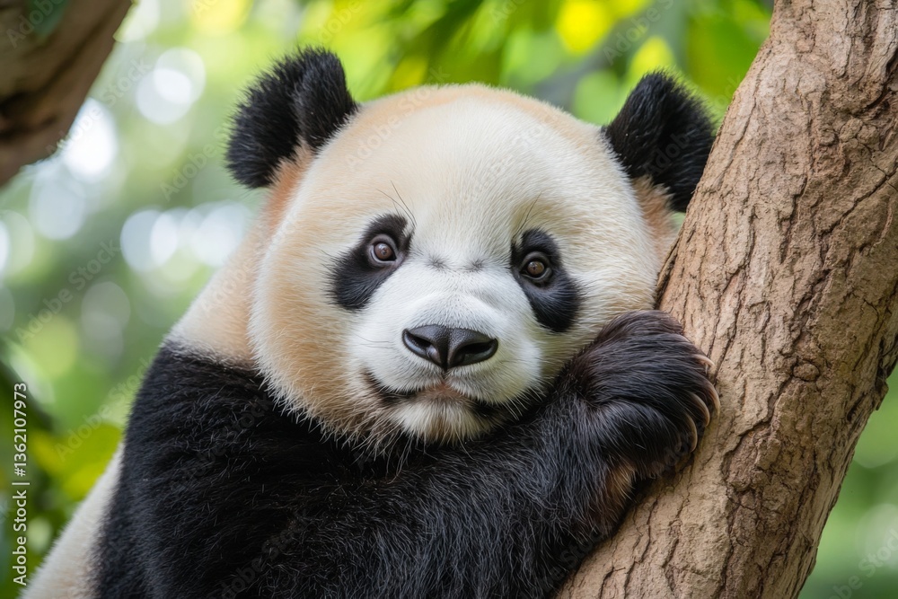 Poster pandas relax on trees in a lush habitat during a sunny afternoon in a wildlife sanctuary