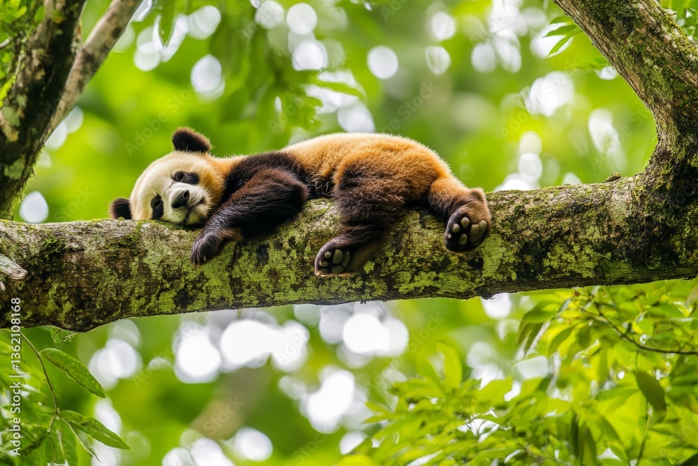 Poster Panda resting on tree branch in a lush forest setting during a sunny day