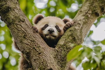 Fototapeta premium Young panda clings to tree branch in lush greenery during daytime in natural habitat