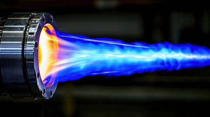 Hydrogen fuel future blue hydrogen flame heating turbine in close up view