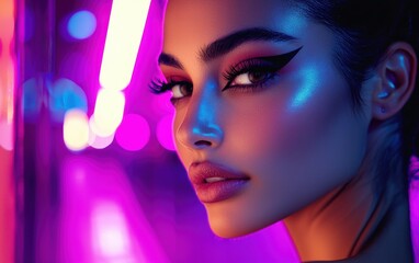 Elegant editorial close-up of a Latina woman with winged eyeliner, softly blurred neon-lit street