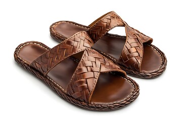 3D Rustic Brown Leather Sandals with Intricate Handwoven Design.