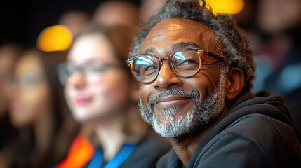 Obraz premium Smiling man engaged in an event with diverse audience in the background during a conference