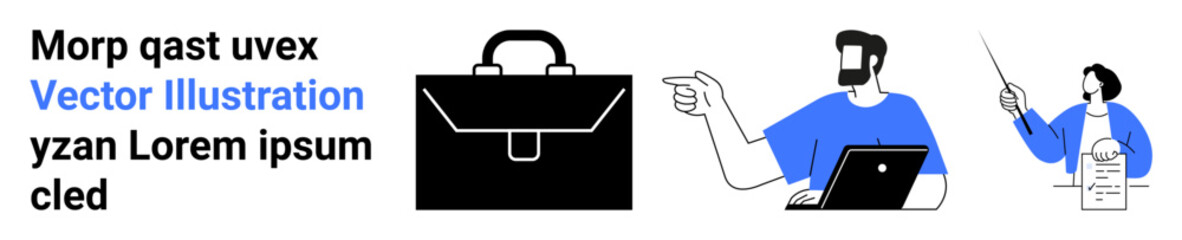 Businessman using a laptop, pointing to documents, with a briefcase representing professionalism. Ideal for business presentations, teamwork, productivity, training, consulting, education and flat