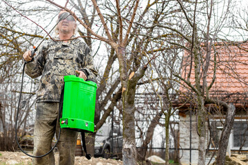 A gardener treats fruit trees and shrubs with a battery-powered sprayer in the garden in spring....