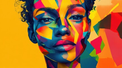 A vibrant AI-generated portrait of a person with geometric face paint and bright colors, blending into abstract shapes. illustration