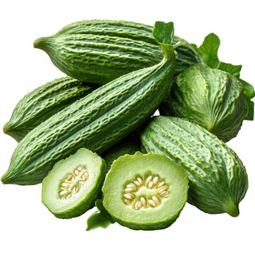 Vibrant group of pointed gourds, showcasing intricate textures and fresh green hues isolated on transparent background