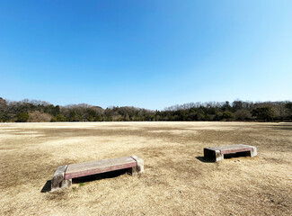 晴れた日の公園のベンチと青空