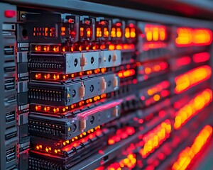A server rack displaying lights and various data processing components