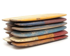 A Stack Of Aged Surfboards In Various Colorful Distressed Patterns