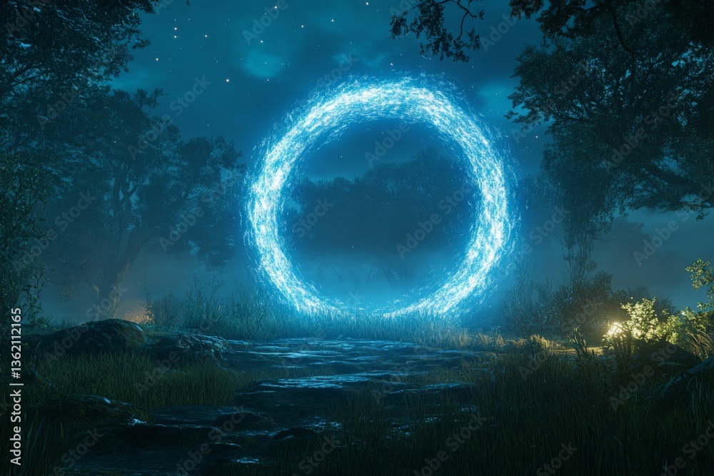 Poster mysterious glowing portal illuminated in a forest at night surrounded by trees and under a starry sk