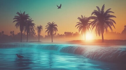 Fototapeta premium Tropical sunset beach wave paradise; bird, calm ocean