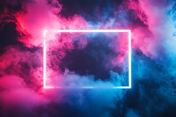 Fototapeta premium Colorful smoke fills a dark space with a glowing frame in the center, creating an abstract and atmospheric visual effect