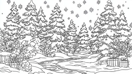 Fototapeta premium A whimsical coloring page invites young artists to bring Santa’s snowy forest to life, featuring twinkling presents beneath a frosty evergreen. 
