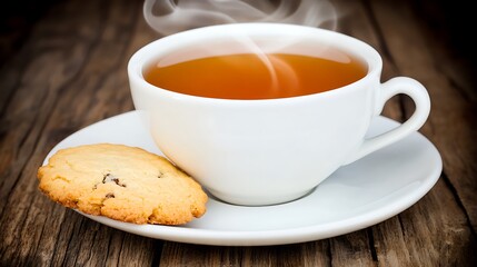 A hot cup of tea with a cookie on a saucer