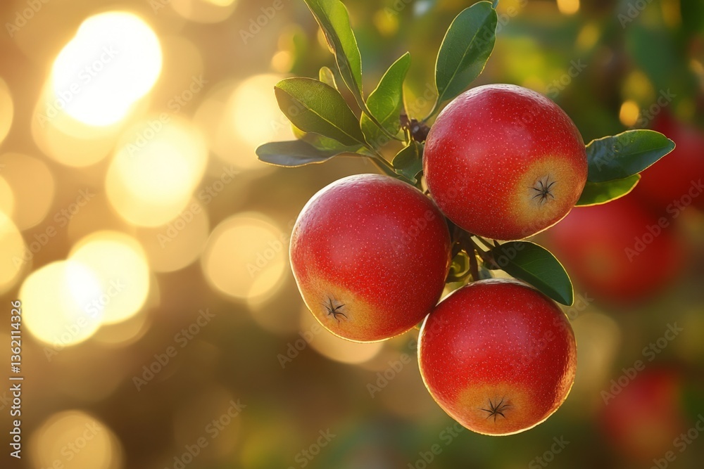 Poster beautiful ripe red apples hanging on a tree branch under soft sunlight in an orchard