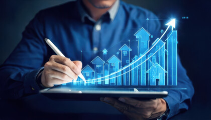 Engaged in digital analysis, person uses tablet to illustrate rising graph with house icons, showcasing growth and innovation