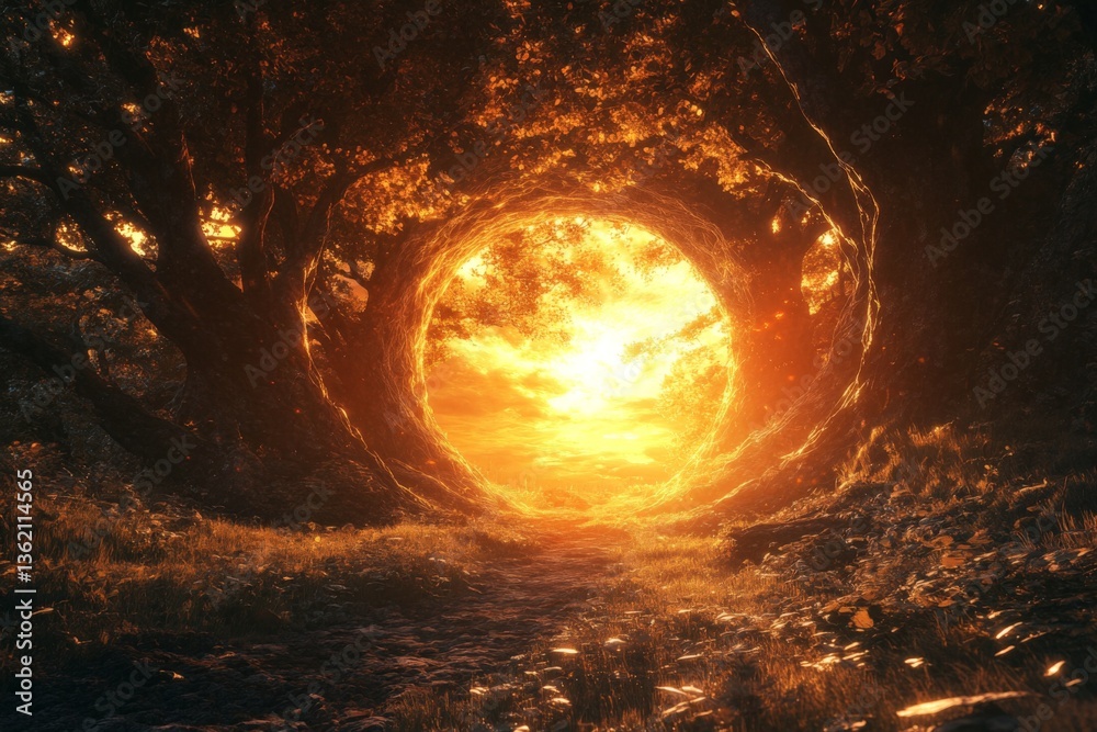 Aufkleber sunset through a magic portal formed by trees in a serene forest landscape