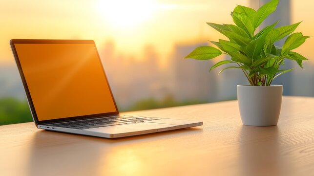 Modern workspace essentials laptop on wooden table for productive workflow modern