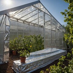 A durable thermal reflective cover insulating a greenhouse, reflecting excess heat while preserving plant warmth.


