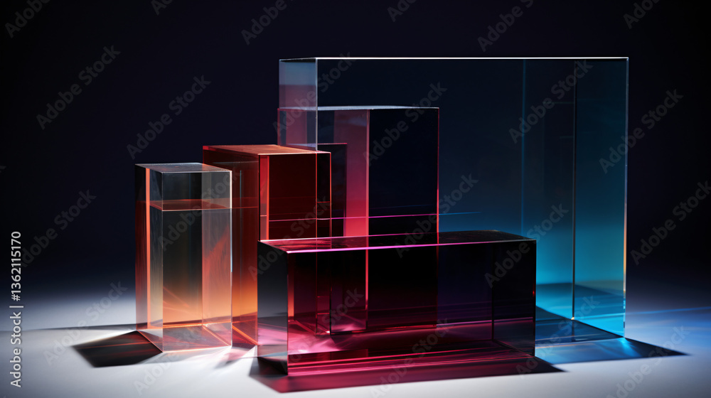 Aufkleber Several edgy, simple transparent graphic forms like cubes and shapes on a black background for display use.

