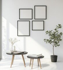 Fototapeta premium Minimalist interior with four blank frames, side tables, plant, and books.
