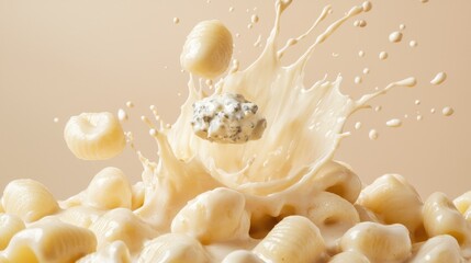 Flying gnocchi with creamy gorgonzola sauce splashes on a pastel beige background