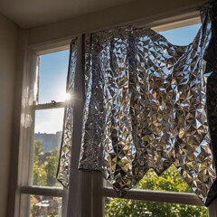 A foldable thermal reflective cover placed on a bedroom window, deflecting sunlight and maintaining a cool room.


