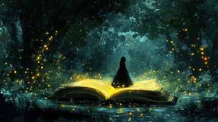 A whimsical watercolor illustration unveils an enchanting fairy tale world within the pages of an open book, glowing with magical light. 