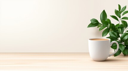 Cozy home decor green plant and white mug on rustic wooden table 