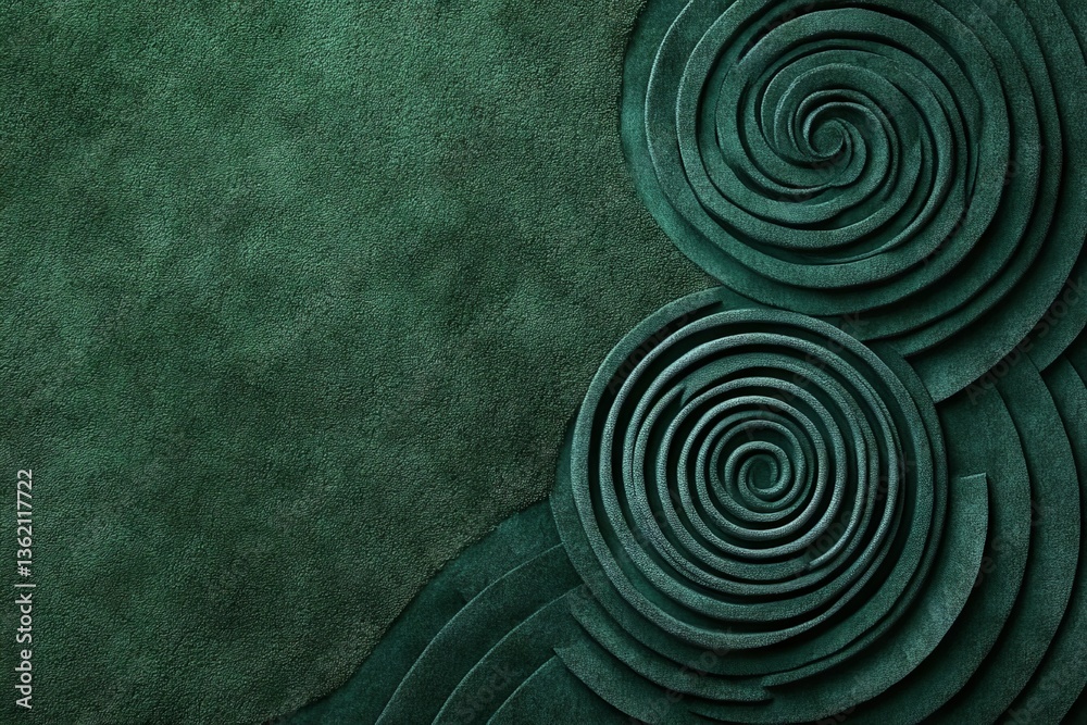 Poster intricate green spiral patterns created from layered materials on textured backdrop