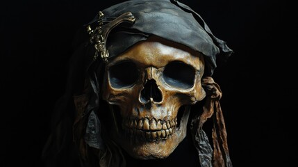 Unique portrayal of a pirate skull against a black backdrop.