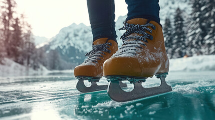 Skating on a Frozen Lake Surrounded by Snowy Mountains Near Winter Trails