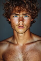 Obraz premium The man's attractive torso and chest, combined with his abs and bicep muscles, are a result of careful sport and exercise routines, complemented by his curly hair