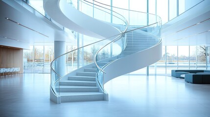 Fototapeta premium Modern Architectural Marvel: A Spiraling Staircase in a Glass-Walled Lobby